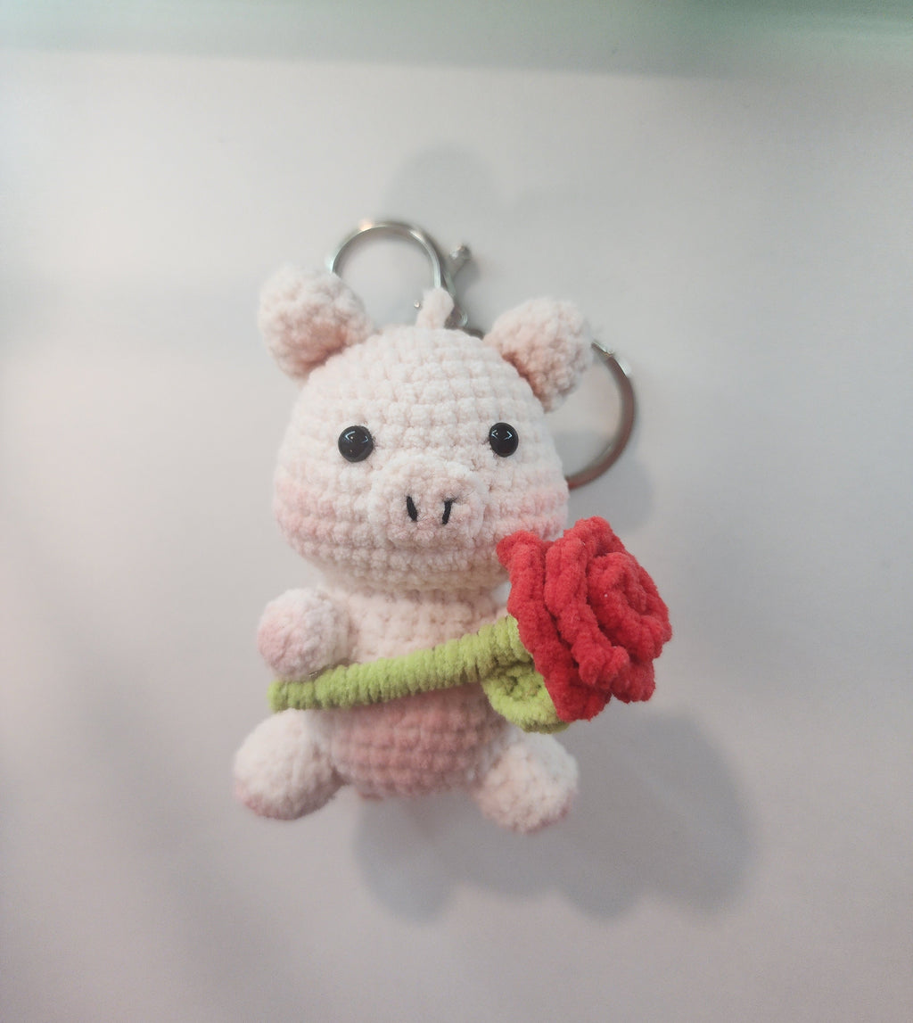 Piggy With Red Rose Keychain